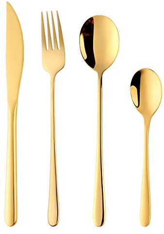 SBOMHS 4-Pieces Gold Colored Korean Flatware Cutlery 1 Set, Knife Table Fork Long Dinner Spoon and Teaspoon Stainless Steel Use for Home, Restaurant, Travel