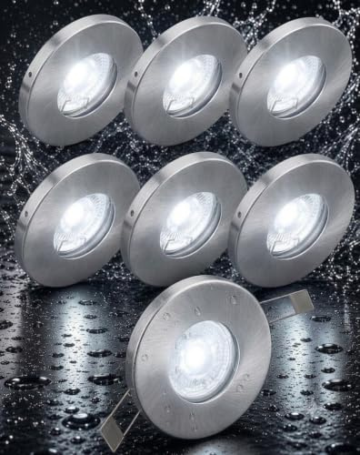 Trango 6er Set 6729IP65-069M6KSD IP65 LED Einbaustrahler in ALU gebürstet inkl. 6x 6000K Tageslicht Weiß (kaltweiß) dimmbar Ultra Flach LED Modul für Bad, Dusche, Einbauspots, Deckenlampe, Spots