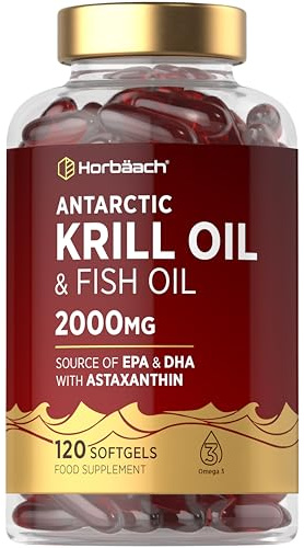 Antarctic Krill Oil Capsules 2000mg | 120 Softgels | High Strength Blend with Fish Oil, Astaxanthin, Phospholipids, EPA and DHA | By Horbaach