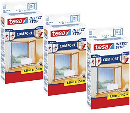 tesa Insect Stop COMFORT Fliegengitter Fenster - Insektenschutz mit Klettband selbstklebend - Fliegen Netz ohne Bohren (130 cm x 150 cm, 3er Pack/Weiß (Leichter Sichtschutz))