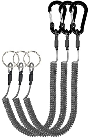 Lix&Rix Spiral Retractable Safety Coiled Lanyard with Stainless Steel Clip Keychain Ring Carabiner for Keys Fishing Tools,3pcs