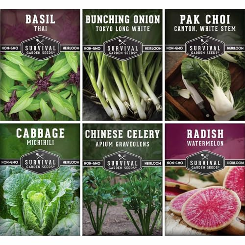 Survival Garden Seeds - Asian Vegetable Collection Seed Vault for Planting - Thai Basil, Napa Cabbage, Canton Pak Choi, Chinese Celery, Green Onions, Watermelon Radish - Non-GMO Heirloom Varieties