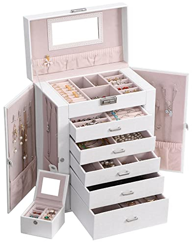 ANWBROAD Große Schmuckschatulle, 6 Etagen, Schmuck-Organizer, Aufbewahrungsbox, Halter mit Schloss, Spiegel, Mädchen, Schmuckschatulle für Ohrringe, Ringe, Halsketten, Armbänder, Geschenk, Kunstleder,
