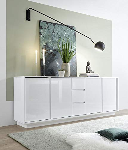 Web Convenienza Madia con 4 Ante e 3 Cassetti Made in Italy – Credenza Contenitore Collezione Ice per Soggiorno Cucina Ingresso Sala da Pranzo, Design moderno originale Bianco Laccato Lucido