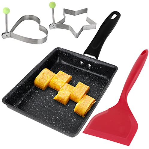 Japanese Omelette Pan, Rectangular Mini Egg Pan with Wide Silicone Spatula and 2 Mirrored Egg Rings, Non-Stick Tamagoyaki Frying Pot Home Kitchen Cooking Utensils for Induction Cooker Gas Stove