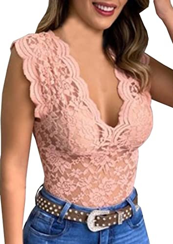 PANOZON Donna Maglietta Scollo a V con Pizzo Ricamato T-Shirt a Senza Maniche Canotta Top Estivo(XXL, Rosa-6)