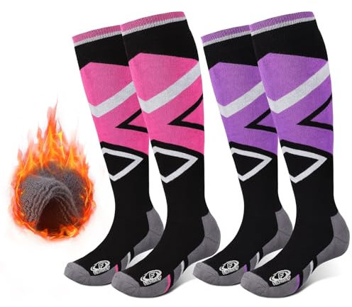 Findway 2 Paar Skisocken, Winter Snowboarding Atmungsaktive Thermosocken mit Über die Wade Design/Anti-Rutsch-Bündchen für Mädchen/Jungen für Outdoor-Sportarten