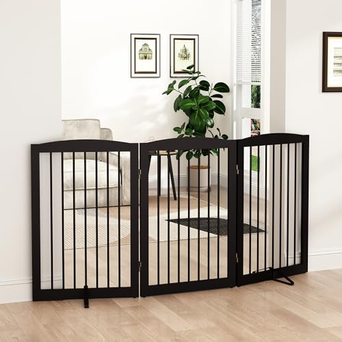 PUPETPO Freistehendes Haustiergitter, faltbares Holz-Hundegitter, Haustiergitter für Hunde, Indoor-Hundegitterpaneele für Türen, Treppen, Flur, 3 Paneele 81.3 cm, Dunkelbraun