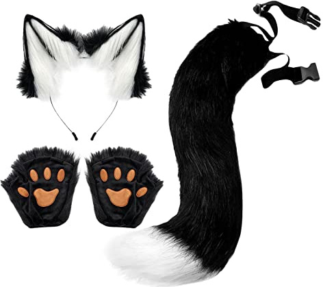 Perfeclan Kunstpelz Plüsch pelzige Fuchsschwanz Ohren und Kralle Handschuhe Set Pfoten Fäustlinge Cosplay Kostüme Zubehör für Halloween Mottoparty Karneval Thema Party Weihnachtsfeier, Schwarz A
