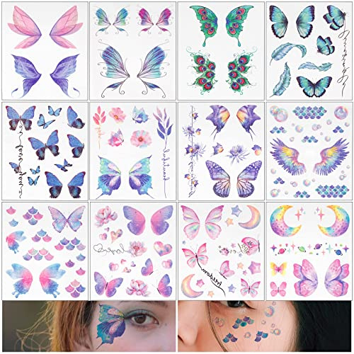 BETESSIN 12 Temporäre Tattoos Schmetterling Glitzer Tattoo Gesicht Körper Aufkleber Wassertransfer Engelsflügel Tattoos Wasserdicht Sticker für Musikfestival Ball Party Cosplay