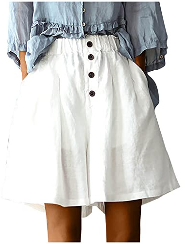 AMhomely Shorts für Damen, Übergröße, Baumwoll-Leinen-Shorts, Knopfleiste, hohe Taille, lässige Shorts mit Tasche, weite Beine, Shorts, ausgestellte Shorts, Culottes, Hotpants, Damen, Vintage,