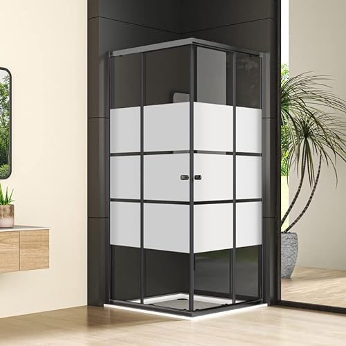 Doppel Schiebetür Duschkabine 80x80cm Schwarz Eckeinstieg Schiebetüren Gestreift Duschabtrennung 5mm ESG Glas Dusche Mattes Schwarz Duschwand Duschtür Höhe 185cm, Montage auf Duschwanne oder Fliese