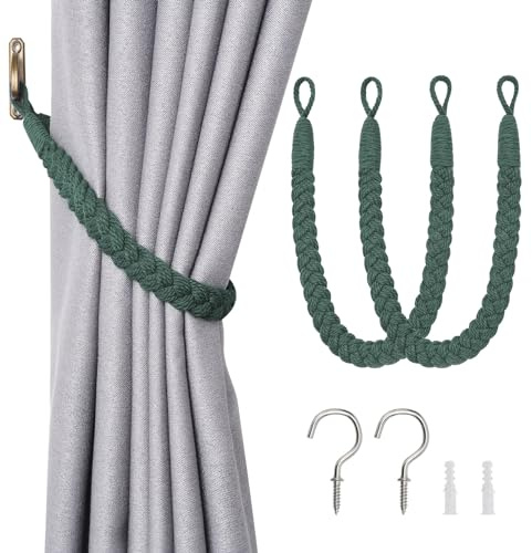 Pretty Jolly Confezione da 2 fermatende in corda di cotone naturale, eleganti e decorativi, in morbida corda intrecciata a mano, con gancio in metallo, per casa e ufficio (verde scuro)