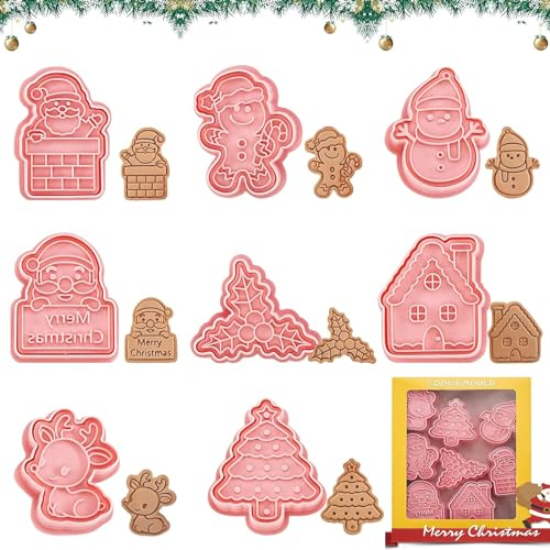 Tuofang Ausstechförmchen Weihnachten, 8 Stück Keks Ausstechform Set, Ausstechformen Weihnachten, 3D Keksstempel Weihnachten, für Tortendeko Kekse Backen (C)