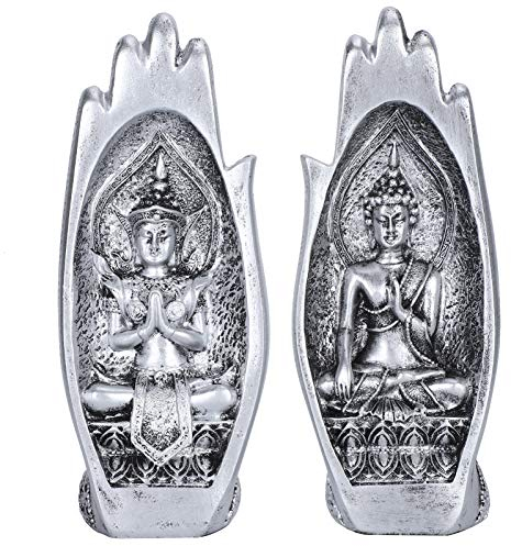Miskall Harz Zen Buddha Hand Skulptur Buddha Sitzend in Der Hand Statue Harz Retro Kunst Wohnzimmer Figur Home Desktop Dekoration Ornament(Silber)