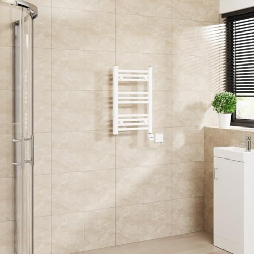 Warmehaus Touch Screen Thermostatic Electric Bathroom Straight Heated Towel Rail Warmer Radiator with Timer White - 600x400mm