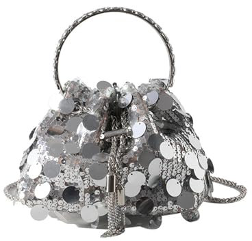 YEAMKE DIAMANTRING-TOTE DAMEN PAILLETTEN-BEUTELTASCHE KETTE SCHULTER-UMHÄNGETASCHE, SILBER, 18 * 12 * 15CM