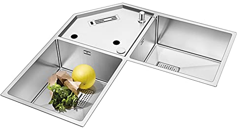 Fregadero de acero inoxidable, fregadero esquinero de cocina de doble tazón, con estante para cuchillos bajo montaje, con conjunto de drenaje, 3 orificios, 33,5 x 33,5 x 8,7 pulgadas de profundidad