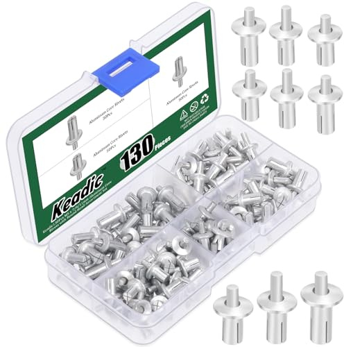 Keadic 130 Stück M5 x 7/9/11 mm Aluminiumkernnieten mit Rundkopf-Sortiment-Set mit Kunststoffgehäuse, halbrunder Hammer-Erweiterungsantrieb, Blindnieten für elektronische mechanische Geräte