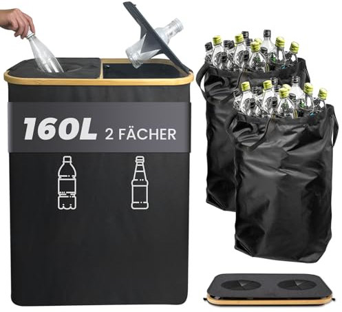MidingChai 160L Groß Pfandflaschen Sammelbehälter 2 Fächer mit Deckel & Geruchsdicht, Flaschensammler Leergut & Altglas Aufbewahrung, Leergut Sammelbehälter mit Loch und Innentasche, Schwarz
