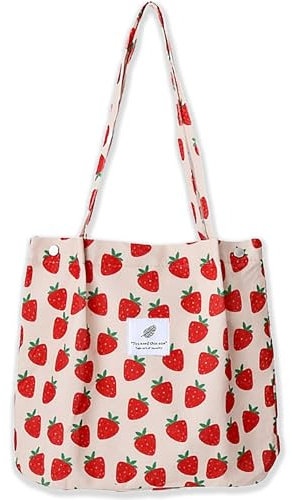 Bikasun Groß Umhängetasche Damen Cord Schultertasche Strandtasche Cord Tasche Crossbody Tasche Shopper Tote Bag Einkaufstasche Handtasche Shopper für Einkaufen Schule Erdbeere