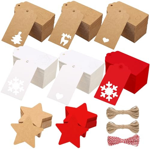 160 Stück Geschenkanhänger Weihnachten Kraftpapier Weihnachtsanhänger Papier 30m Schnur Weiß Rot Braun Geschenkanhänger Kraftpapier Blanko Anhänger Etiketten Weihnachten für Geschenk Flaschen Stempel