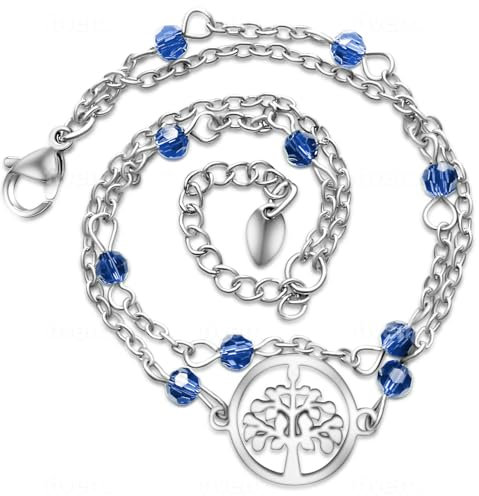 Bijoux Femme Acier Inoxydable. Bracelet Femme Arbre de Vie Avec des Perles Scintillantes. Cadeau pour Anniversaire Saint Valentin, Noël (Arbre Argent + Bleu)