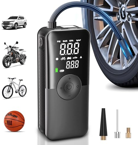 Tragbarer Elektrische Luftpumpe,Dualer Bildschirm Akku Kompressor,150 PSI Fahrradpumpe Elektrisch mit Manometer, Akku Luftpumpe mit Powerbank-Funktion für Auto Fahrrad Motorrad Bälle