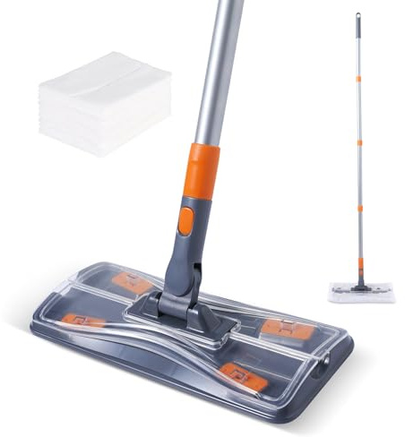CLEANHOME Speed Mop, Clip-on Panel with 10 Wetable Dry Cloth Heads (6in x 10in) - 47.25in Threaded Attachment Pole - Front & Rear 180° Swivel Cleaning Paths （White）