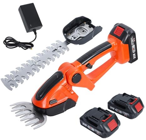 Cortasetos inalámbricos, cortasetos eléctricos 2 en 1 con tijeras de césped para arbustos y jardines pequeños, cortador de hierba portátil, alimentado por batería, uso naranja