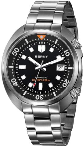 BERNY Automatische Herrenuhr Tauchuhr 20ATM Wasserdicht Herrenanaloge Mechanische Armbanduhr mit Superluminisierter Voll Edelstahl AR-Koating Saphirglas Mode Tauchuhr Geburtstagsgeschenk