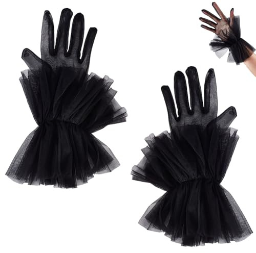 AHANDMAKER Bröllop brud kort tyll volanger handskar dam teparty korta handskar näthandskar kväll formella klänning handskar för kostymtillbehör, Svart, 315x205x45mm