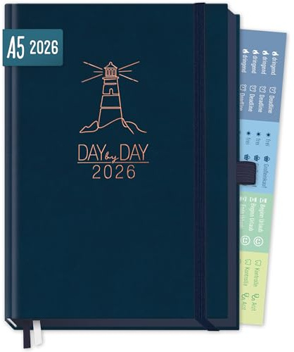 Häfft® Organizer Day by Day Deluxe 2026 A5, 1 Tag pro Seite Nachtblau | Tagesplaner,Buchkalender 2026, Terminplaner