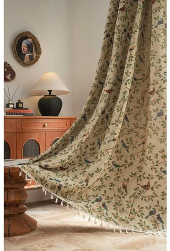 Tokusyou Vintage Gardinen Blickdicht Boho Vorhang Landhausstil Leinenoptik Jacquard Vögel Blätter Baumwolle Beige Vorhänge mit Quaste Rod Pocket für Wohnzimmer Schlafzimmer 1 Stück B150×H160cm