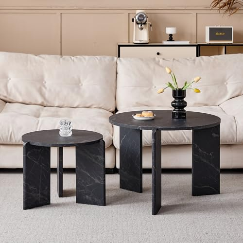 JZGORC Juego de 2 Mesa de Centro, Mesa de Centro con Efecto Imitación de Mármol Negro, Diseño de Tres Patas, Mesa Auxiliar de Salón de Estilo Minimalista Moderno, Adecuada para Salón Dormitorio