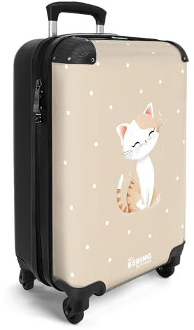 NoBoringSuitcases© Handgepäckskoffer Kinder Reisekoffer Kinderkoffer 4 | 55x35x20 cm - Rollen Leicht Koffer Cabin Trolley Hartschalenkoffer Kind Kätzchen - Beige - Weiß - Tupfen