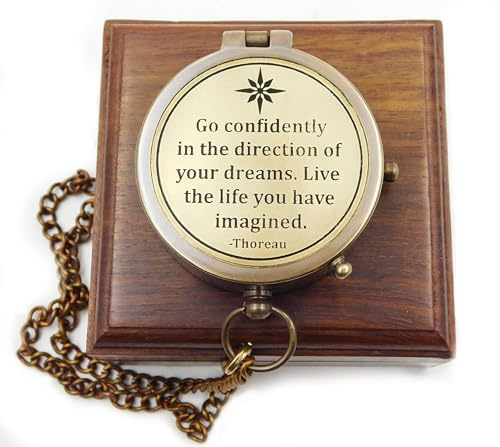 Antiker Messing-Kompass mit Gravur „Go Confidently in The Direction of Your Dreams” – Geschenk-Kompass mit Holzbox – Motivation & Abschluss Geschenk