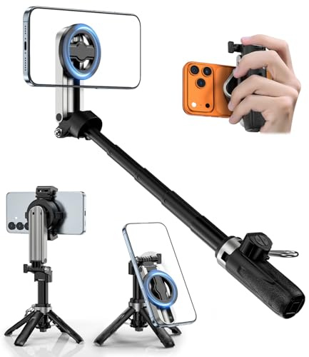 ALAFLY Palo Selfie Trípode para iPhone, Mini Extensible 4 en 1 Selfie Stick Móvil con Inalámbrico Bluetooth, Portátil Soporte Magnético per Telefono con Rotación 360° para iPhone/Android/Samsung