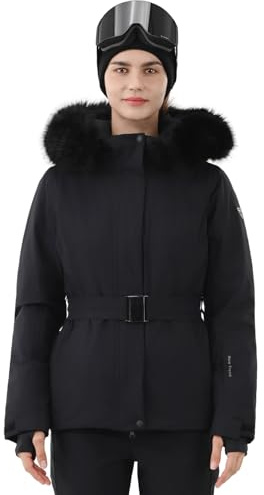 HIGH EXPERIENCE Women's Ski Jacket Snowboard Fitted Slim Belted Snow Coat Warm Winter Mountain Waterproof Windproof Insulated Hooded (US, Alpha, Small, Regular, Regular, Black)