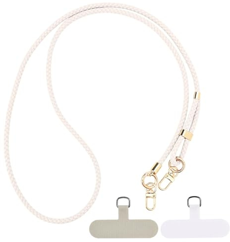 Noaxylic Cordino per Cellulare, Regolabile Laccio per Cellulare, Cordino per Telefono, con 2 Patch Universali, Anti-dropout Catena per Telefono Donna, per Maggior Parte Smartphone, Bianco