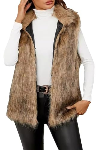 FUPODD Fellweste Damen Kunstfell Weste Elegant Kunstpelz Westen Lang Flauschig Ärmellose Mantel Kuschelig Pelz Fleeceweste Leicht Pelzweste Revers Fell Plüschweste Fleece Pelzjacke Frauen Übergang