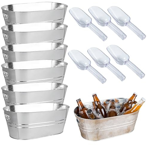 6-Pack Ice Bucket Set with Plastic Scoops | Leak-Proof Large Ice Buckets for Parties, Bars, Outdoor Events | Clear Chilling Containers for Wine, Champagne, Beer (Stainless Steel, Silver)
