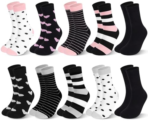OSDUE 10 Paia Calze Donne Colorate Cotone 35-38/39-42,Calzini Donna Cotone con Righe Pois Morbido,Medie Lunghe,multicolori in Cotones,Sport Comode,Design a Strisce & Polka,per uso quotidiano, ufficio