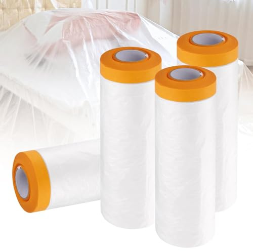 YUTRONE 4 Roll Dust Sheet Roll 3M x 20M Self Adhesive Dust Sheet Roll, Drop Film Masking Tape with Plastic Sheet Masking Film Rolls for Furniture Painting Covering