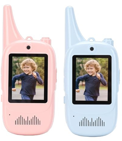 Zunate 2-teiliges Video-Walkie-Talkie für Kinder, Kabelloses Tragbares Zwei-Wege-Talk-Radio mit 4 Spracheffekten, Automatische Kopplung für Camping (blau und rosa)