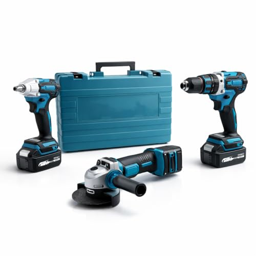 Kit Utensili Elettrici a Batteria 3 in 1 con Trapano Avvitatore, Avvitatore ad Impulsi e Smerigliatrice Angolare, 2 Batterie Ricaricabili, Caricatore e Valigetta – Set Completo per Fai da Te