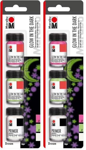 Marabu 1273000000201 - Fluoreszierende Nachleuchtfarbe Glow in the Dark Set Dream 3 x 15 ml, auf Wasserbasis, wischfest und bedingt lichtecht, zum Pinseln, Spachteln und Schablonieren