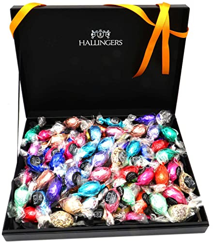 Hallingers Genuss Manufaktur Feinkost Oster-Geschenk-Set - XXL-Geschenkkorb Easter Box orange großes Osternest mit 90 Pralinen-Ostereiern mit & ohne Alkohol, Ostern Körbchen für Frauen Männer