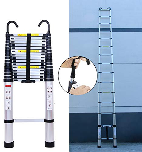 6.2M Teleskopleiter mit Haken 15 Sprossen Aluleiter Mehrzweckleiter mit Fingerschutz, Klappbar Ausziehbare Leiter für Dachdach Zuhause drinnen und draußen, Traglast 150 kg