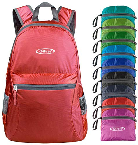 G4Free Kleiner faltbarer Rucksack, ultraleicht, wasserdicht, für Camping, Wandern, Radfahren, Herren und Damen, 20 l, rot, 48/jambes longues